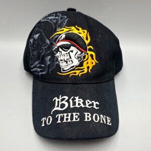 Black Biker to the Bone Hat Cap Flaming Skull Emblem Adjustable